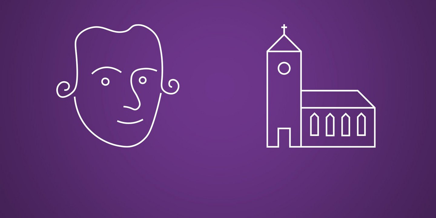 Weiße Strich-Zeichnungen von Immanuel Kant und einer Kirche auf violettem Hintergrund.