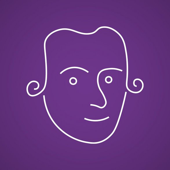Weiße Strich-Zeichnung von Immanuel Kant auf violettem Hintergrund.