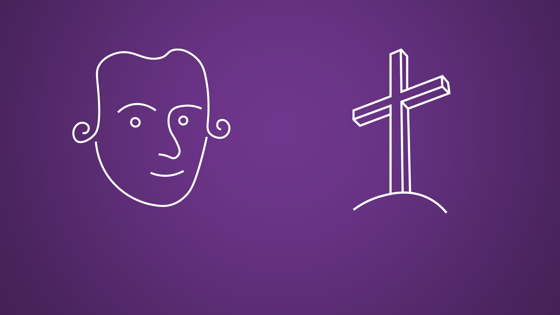 Weiße Strich-Zeichnungen von Immanuel Kant und einem Kreuz auf violettem Hintergrund.