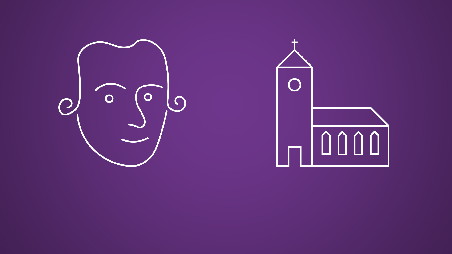 Weiße Strich-Zeichnungen von Immanuel Kant und einer Kirche auf violettem Hintergrund.