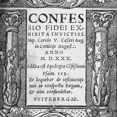 Titel der Erstausgabe der Augsburger Konfession mit Vorstücken und Anhang in lateinischer Sprache