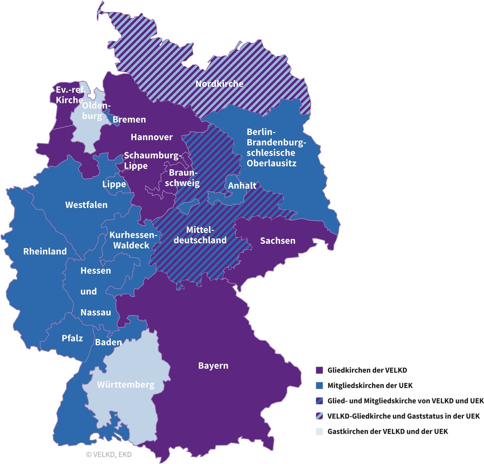 Deutschlandkarte mit Einzeichnung der Gliedkirchen der VELKD. Die Karte ist unterteilt in die EKD-Landeskirchen, VELKD-Gliedkirchen, UEK-Mitgliedkirchen..