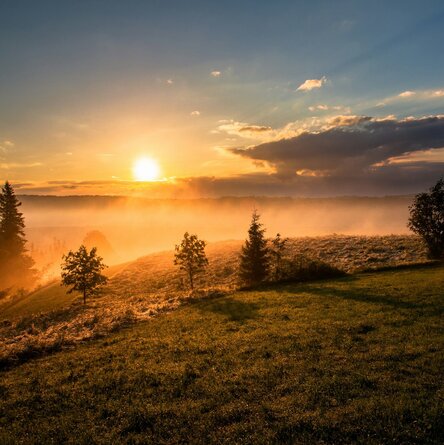 Die Sonne geht über einem nebligen Tal auf.