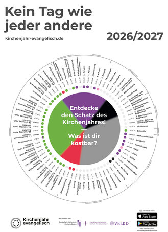 Plakat „Kein Tag wie jeder andere 2026/2027“ mit farbigem Kirchenjahreskreis und Text „Entdecke den Schatz des Kirchenjahres“.