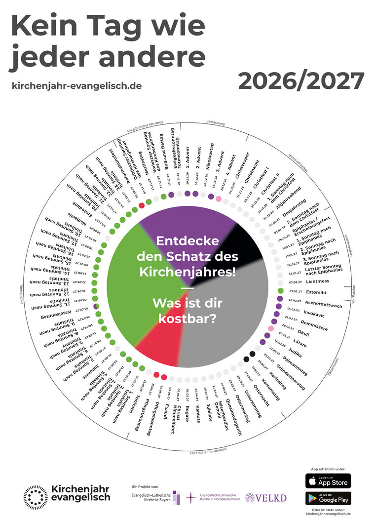 Plakat „Kein Tag wie jeder andere 2026/2027“ mit farbigem Kirchenjahreskreis und Text „Entdecke den Schatz des Kirchenjahres“.