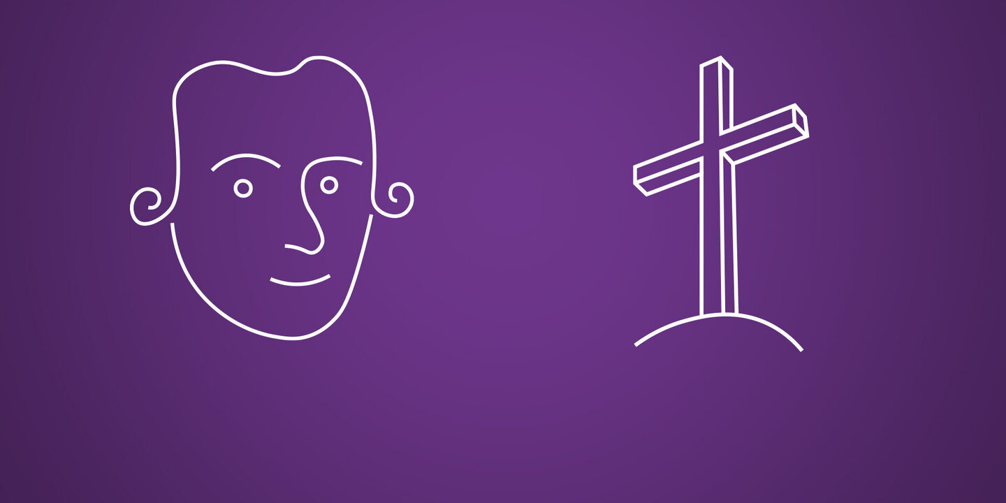 Weiße Strich-Zeichnungen von Immanuel Kant und einem Kreuz auf violettem Hintergrund.